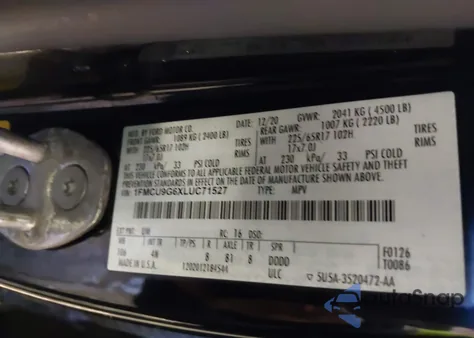 2020 Ford Escape Se from USA, damaged, VIN 1FMCU9G6XLUC71527